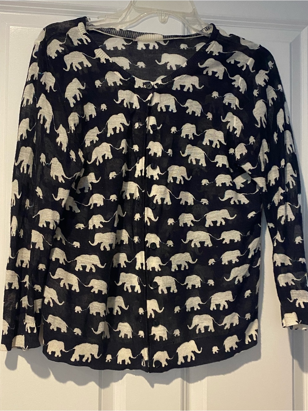 Women’s Black Long-Sleeve Cardigan sweater White Elephant Print May fit Sz S/M